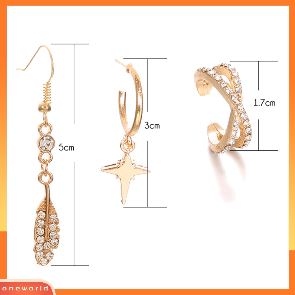 [WOD] 3pcs/set Boho Wanita Berlian Imitasi Bintang Bulu Liontin Menjuntai Kait Anting Perhiasan