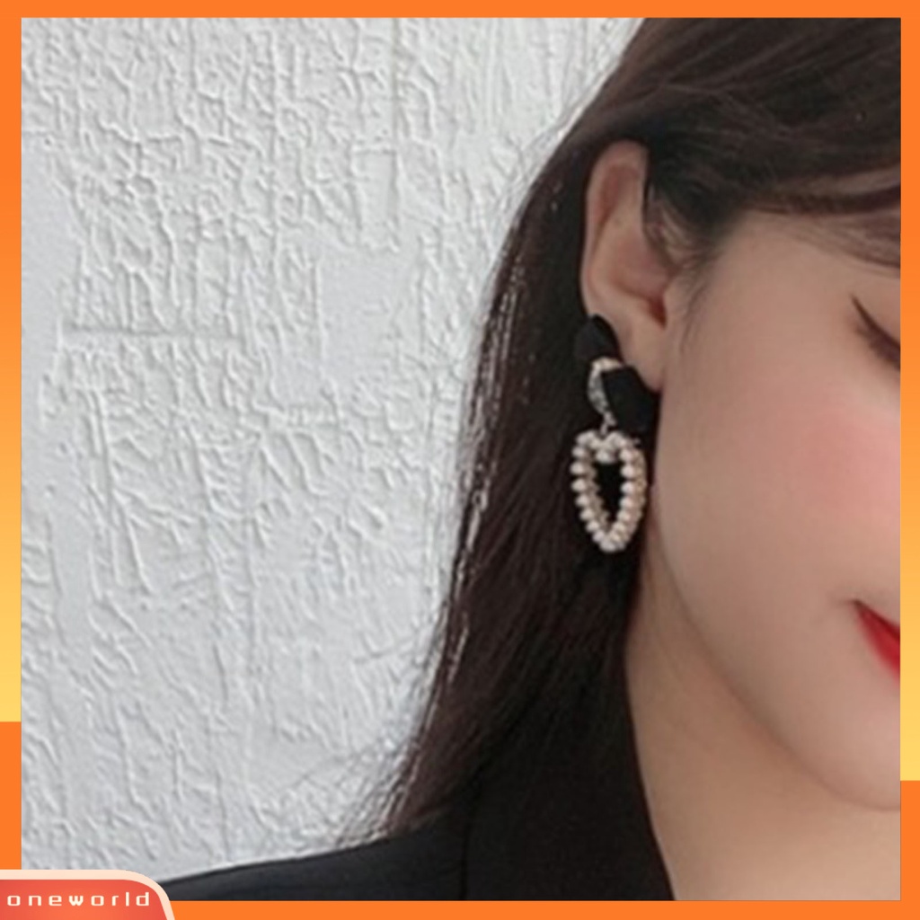 [WOD] 1pasang Ikatan Simpul Hitam Permata Imitasi Wanita Anting Retro Simulasi Mutiara Hati Drop Earrings Perhiasan Aksesori