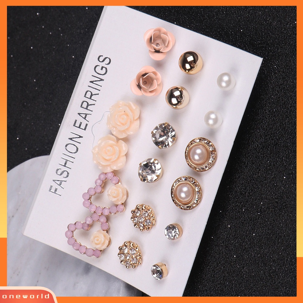 [WOD] 9pasang Wanita Fashion Perhiasan Berlian Imitasi Mengkilap Mutiara Imitasi Stud Earrings Hadiah