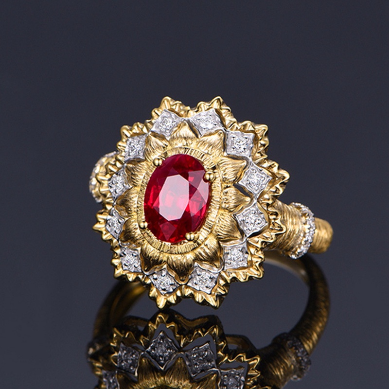 Itali Retro Abad Pertengahan Perjamuan Perhiasan Simulasi Merpati Darah Ruby Cincin Buatan Tangan Kawat Menggambar Cincin Emas Untuk Wanita