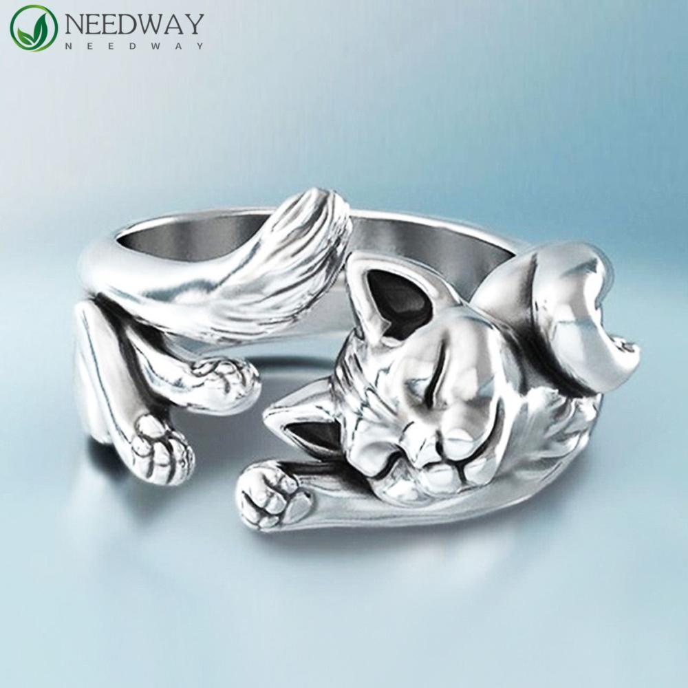 Needway Cincin Jari Hadiah Hip Hop Wanita Punk Pria Multi Ukuran Fortune Cat