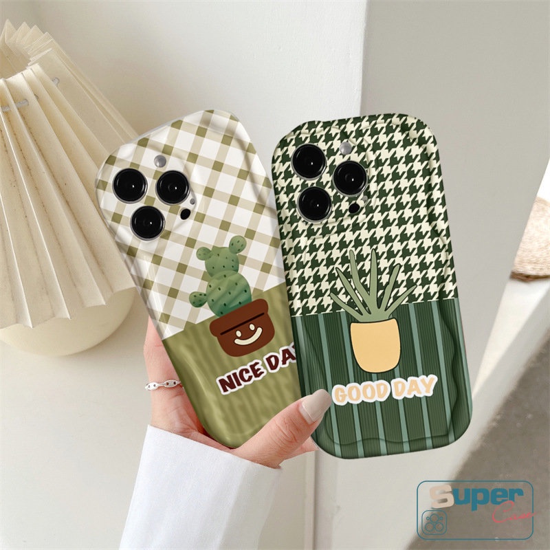 Pola Kisi Casing Ponsel Tepi Bergelombang Melengkung 3D Kompatibel Untuk iPhone 7Plus 11 13 14 12 Pro Max XR 7 8 6 6s Plus X XS Max SE 2020lembut Tpu Segar Pot Kaktus Tanaman Penutup Belakang
