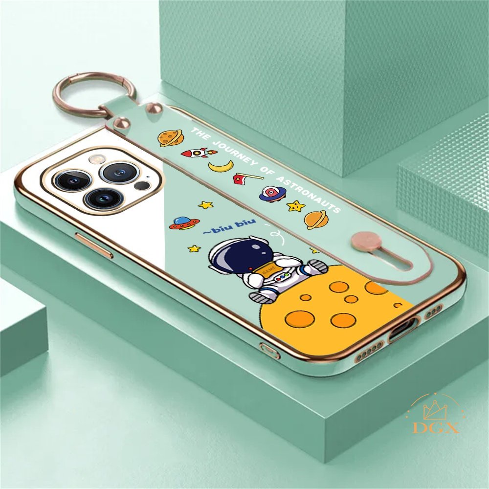 IPHONE Fashion Case Kompatibel Untuk Iphone14 Pro Max Iphone14Plus iPhone13 iPhone12 iPhone11 Xs Lunar Astronot Lipat Stand Holder Mewah Plating Karet Soft Cover DGX