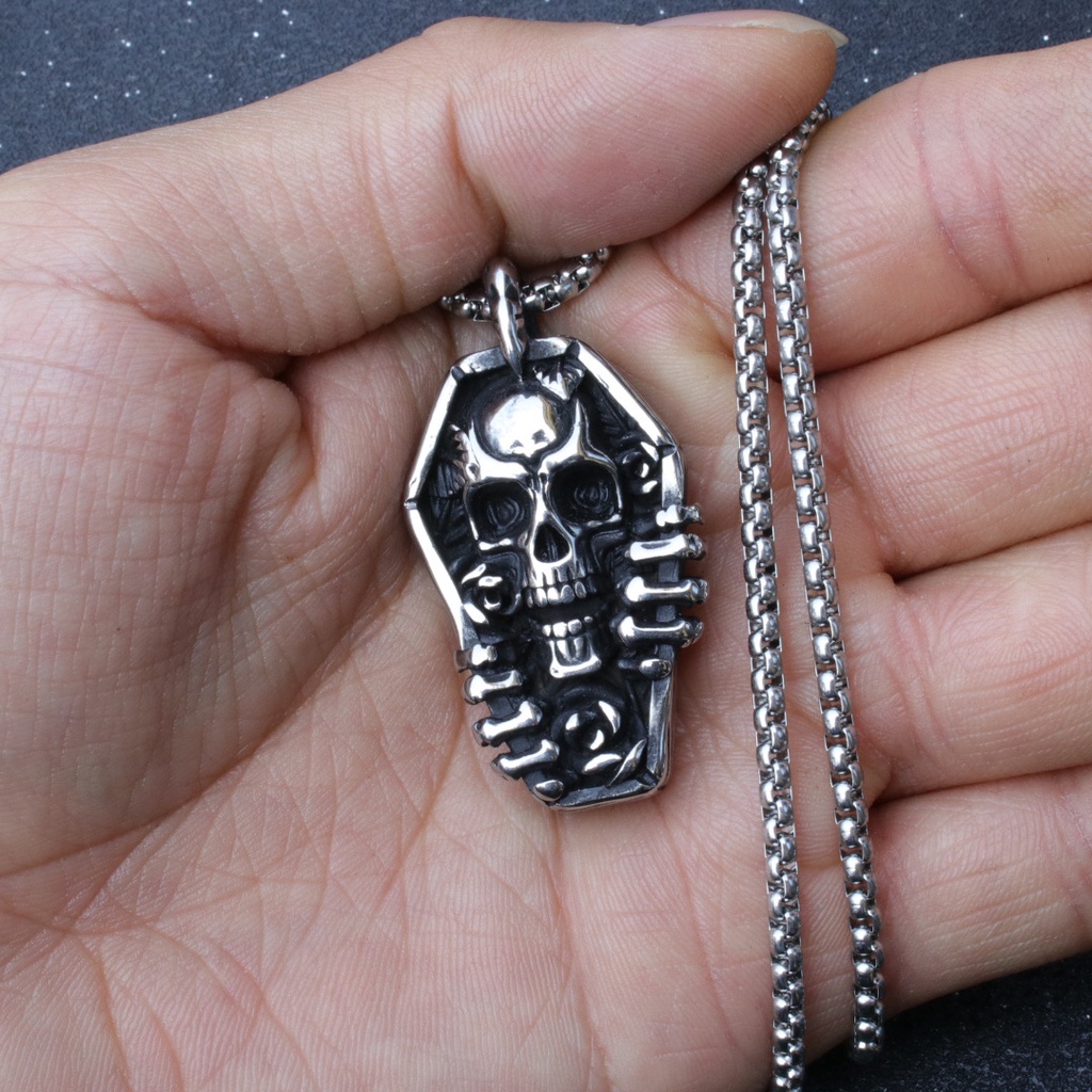 Kalung Pria Liontin Tengkorak Peti Mati Antik, Kalung Alloy Hip Hop，kalung pria anime，kalung untuk pria