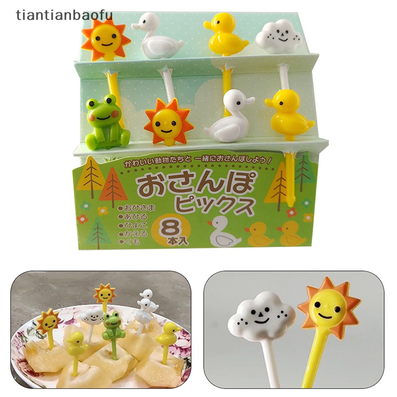 [tiantianbaofu] 8 Pcs Animal Sun Cake Garpu Buah Food Grade Plastik Mini Kartun Anak Pesta Dekorasi Butik