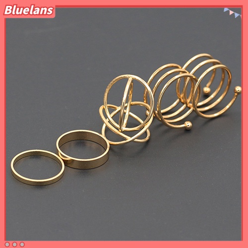[BLS] 6pcs /Set Wanita Golden Tone Stack Polos Slim Band Midi Ring Spiral Knuckle Rings