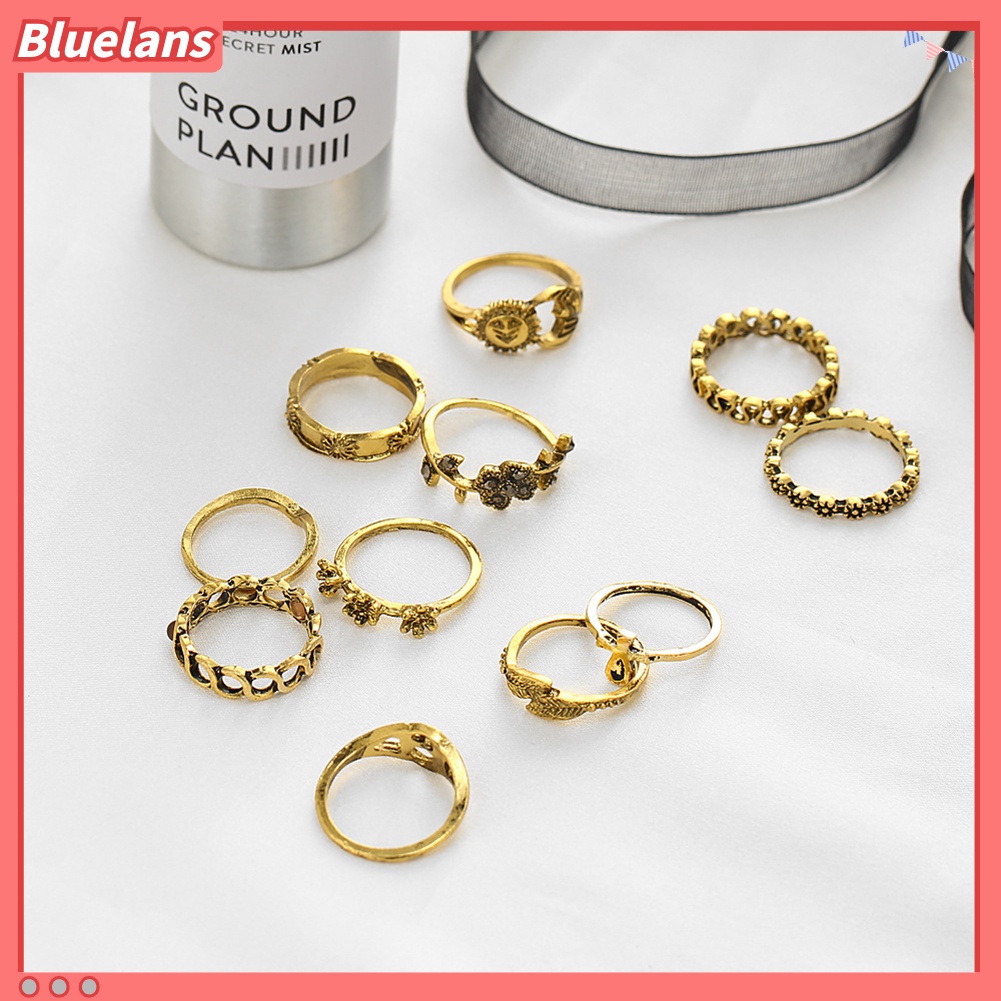 [BLS] 11pcs Bohemian Matahari Bulan Bintang Bunga Berongga Di Atas Buku Jari Wanita Midi Cincin Set