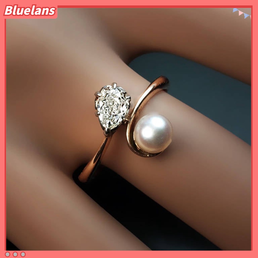 [BLS] Menawan Kulit-Menyentuh Cincin Lady Tembaga Mutiara Imitasi Cubic Zirconia Finger Band Perhiasan Aksesori