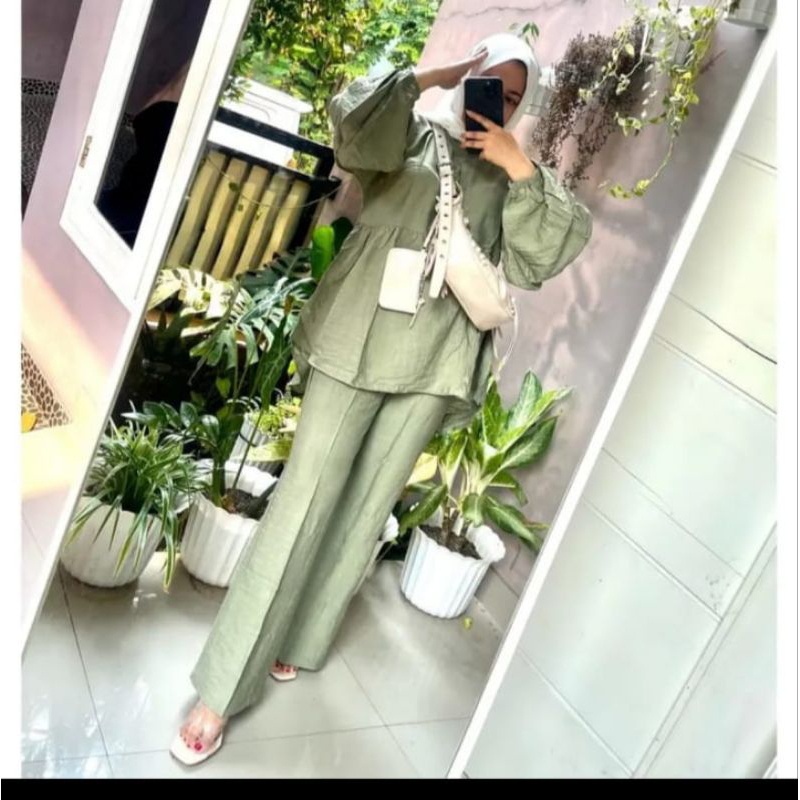 Beca One Set Setelan Cutbray Lengan Balon Pololinen setcel wanita remaja kemeja dan celana terbaru kekinian korean style