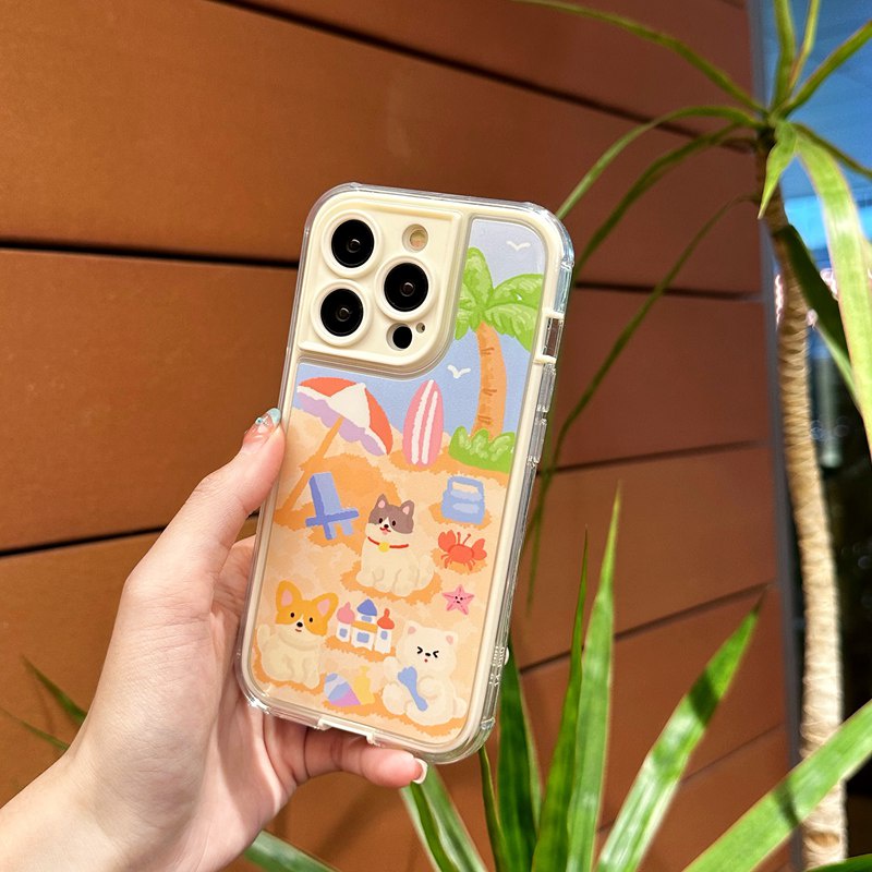 Beach Oil Painting Puppy Soft TPU Case iP iPhone 14 + Plus 11 12 13 Pro Max 2in1 FTD Girl Woman Casing Apple