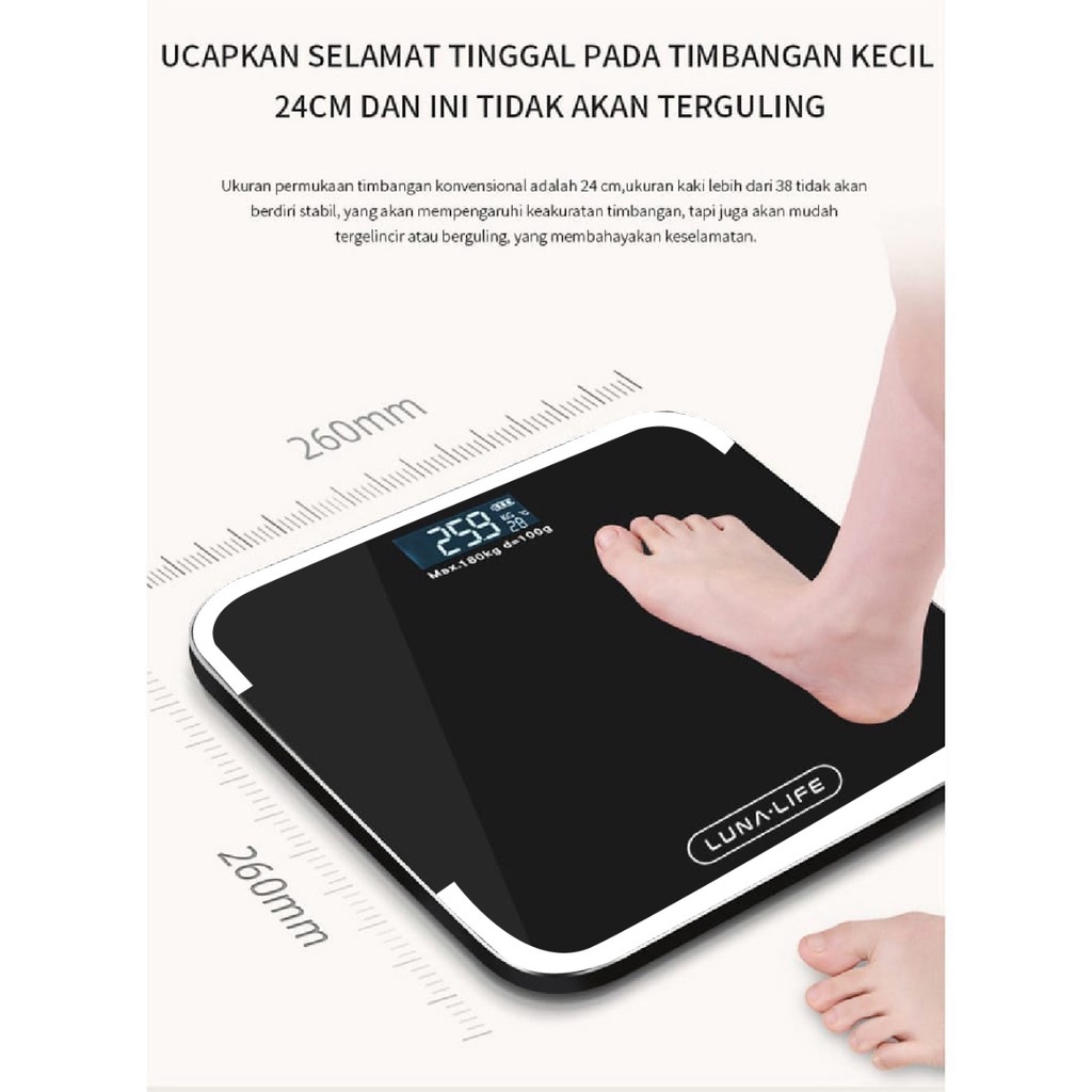 Luna Timbangan Badan Digital With USB Charging Anti Pecah With LCD GARANSI 3 TAHUN Official