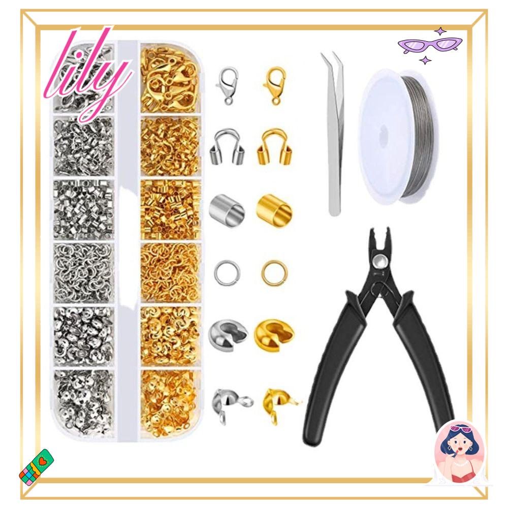 Lily 1200 Pcs Crimp Beads Kit Manik-Manik Kawat Kit Jump Rings Lobster Clasp Tweezer Crimp Tabung