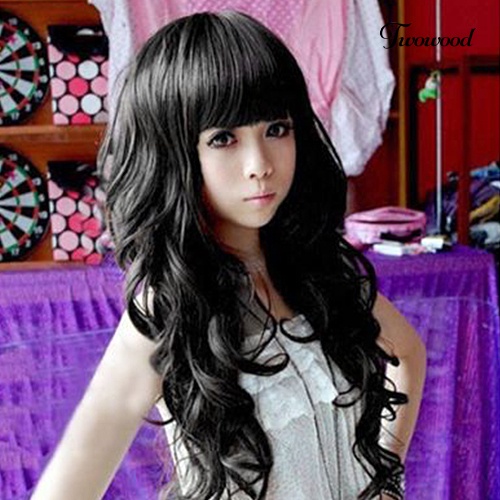 Twowood Woman Girl Fashion Panjang Keriting Bergelombang Cosplay Penuh Pesta Wig Rambut Dengan Topi Wig