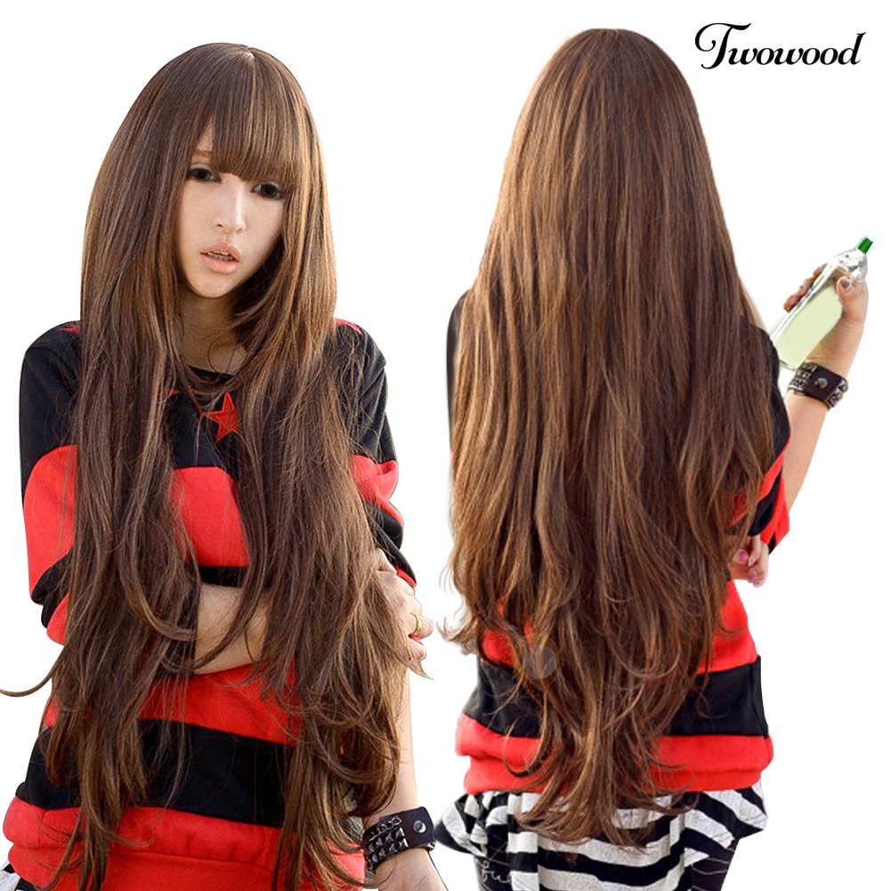 Twowood Wanita 80cm Fashion Panjang Keriting Bergelombang Gaya Cosplay Wig Rambut Penuh Dengan Poni Rapi