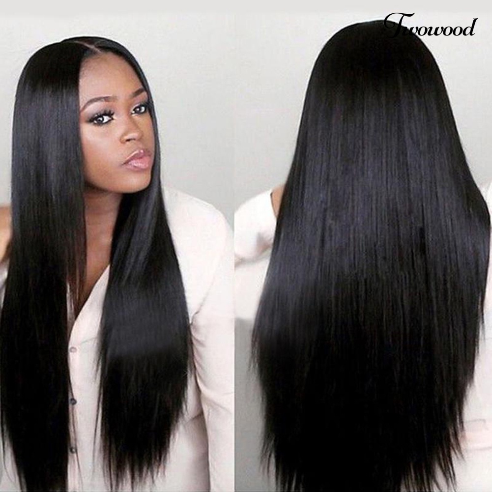 Twowood Wig Panjang Super Long Belah Tengah High Gloss Serat Suhu Tinggi Rambut Sintetis Wig Lurus Hitam Untuk Pacaran