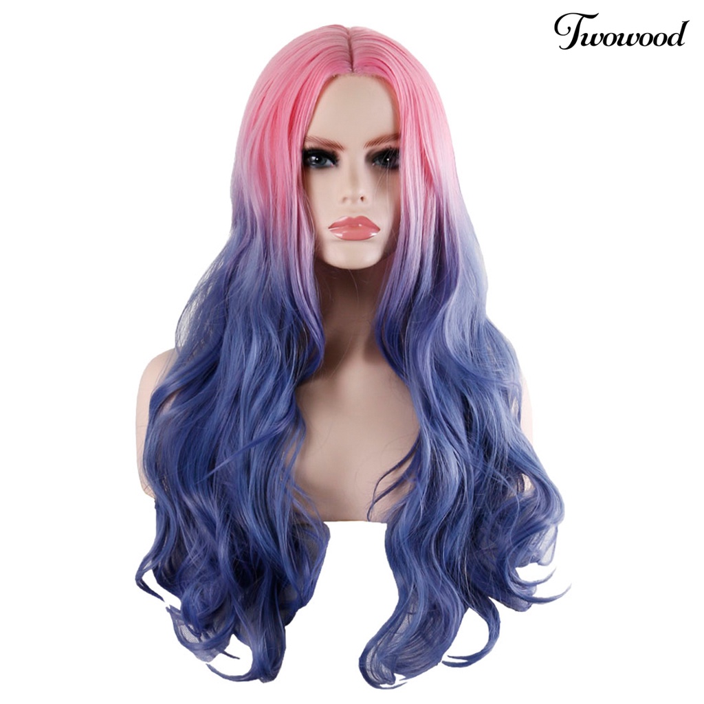 Twowood Fashion Wanita Panjang Keriting Rambut Gradien Warna Cosplay Wig Ekstensi Sopak