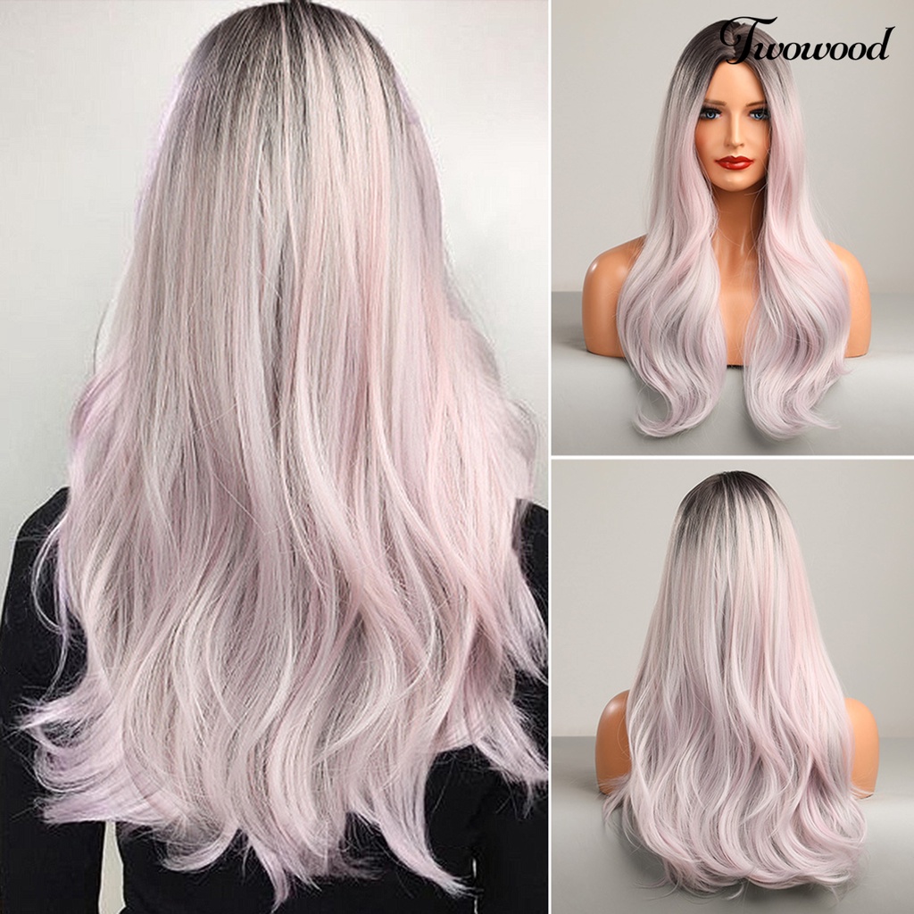 Twowood Fluffy Wig Gradasi Serat Suhu Tinggi Dengan Hairnet Pink Golden Color Wanita Panjang Keriting Wig Styling Rambut