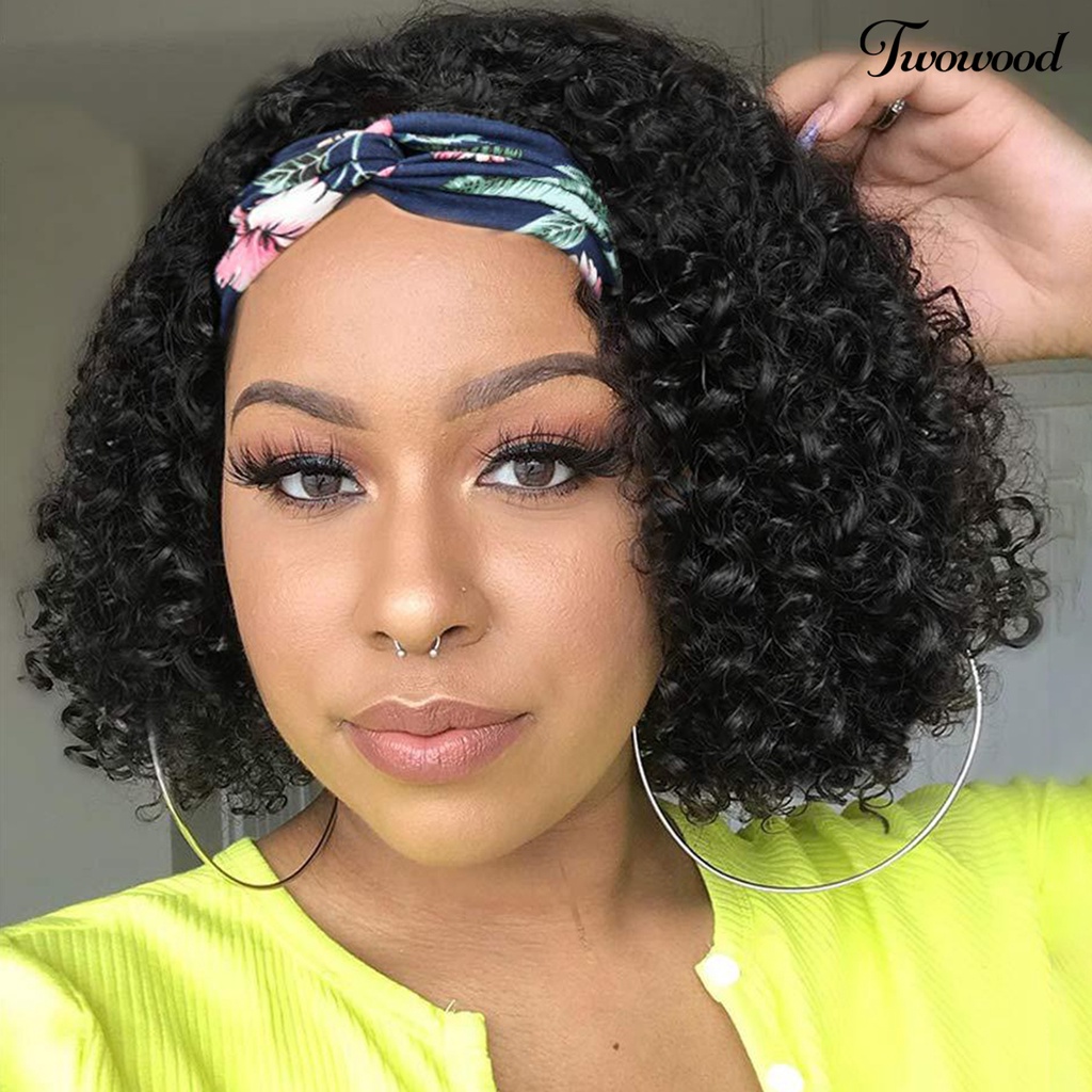 Twowood 1set Turban Wig Mudah Dipakai Lembut Berbulu Trendi Kosmetik Sehat Aksesori Suhu Tinggi Sutra Keriting Rambut Wanita Wig Untuk Kehidupan Sehari-Hari