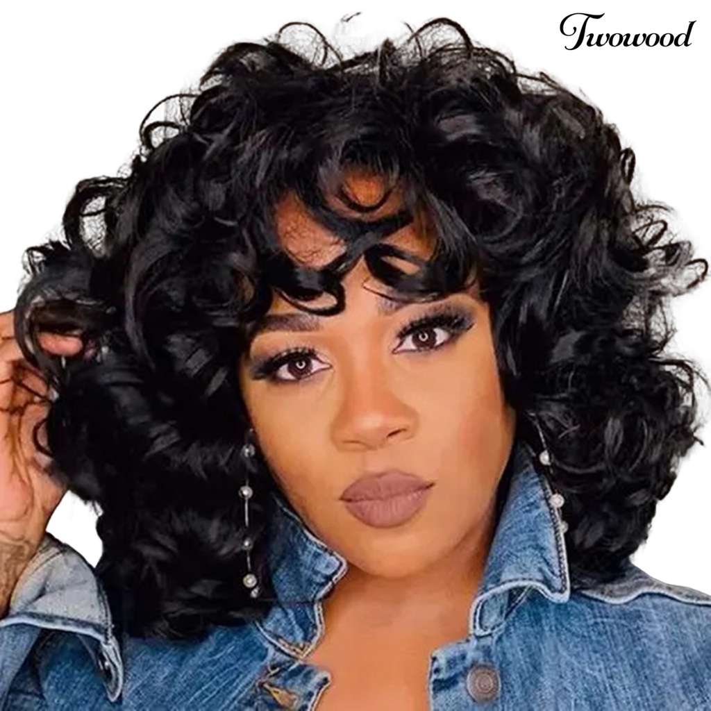 Twowood Curly Hair Wig Fashion Mudah Dipakai Berbulu Trendi Kosmetik Sehat Aksesori Suhu Tinggi Sutra Poni Panjang Keriting Wanita Wig Untuk Kehidupan Sehari-Hari