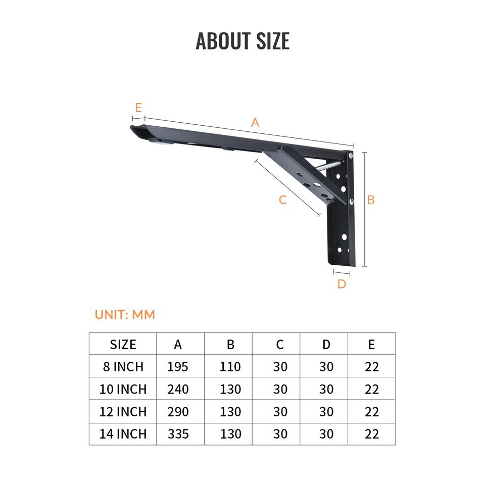 YGRETTE - XIDA Braket Engsel Siku LIPAT Stainless Steel 60 kg 2 PCS 8 10 12 14 Inch RAK daun meja siku dinding tembok bracket