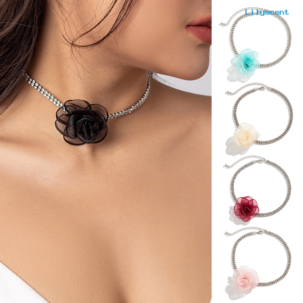 [LS]Wanita Choker Berlian Imitasi Rantai Shiny Extended Adjustable Elegan Hadiah Retro Handmade Bunga Mawar Perempuan Kerah Kalung Perlengkapan Pesta