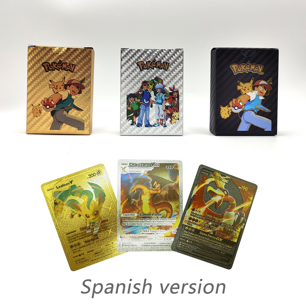 54 Pcs 27 Pcs Kartu Pokemon Spanyol Metal Hitam Emas Charizard Pikachu Game Card Battle Collections Mainan Untuk Anak Dewasa