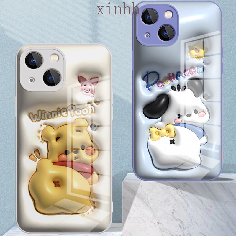 IPHONE Casing Hard Kaca Winnie Bear Datar 3D Cocok Untuk Iphone14 13 12 11 Pro Max Cat Metalik Motif Kartun Kartun Casing Pelindung