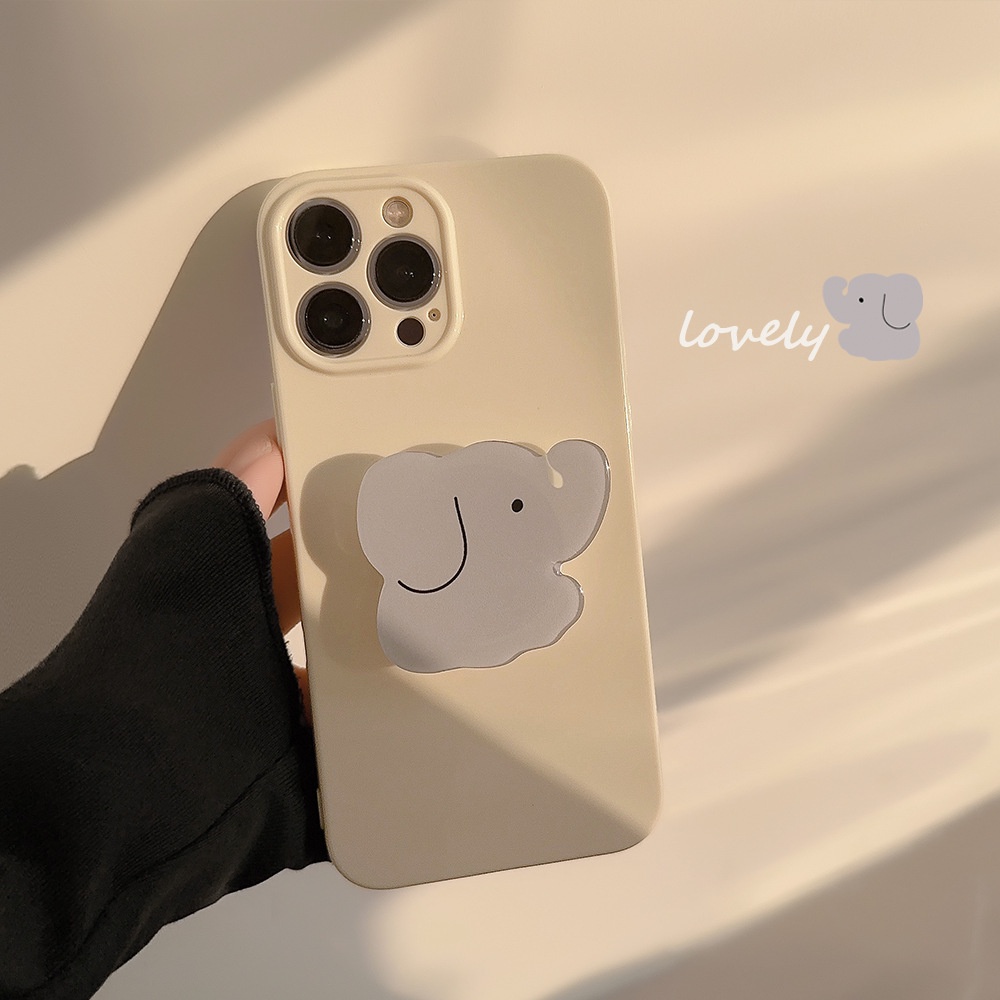 IPHONE Desain Basic Cream Yellow Solid Color Phone Case Cover Dengan Holder Gajah Kartun Lucu Untuk Iphone11 12 13 14 PLUS PRO MAX