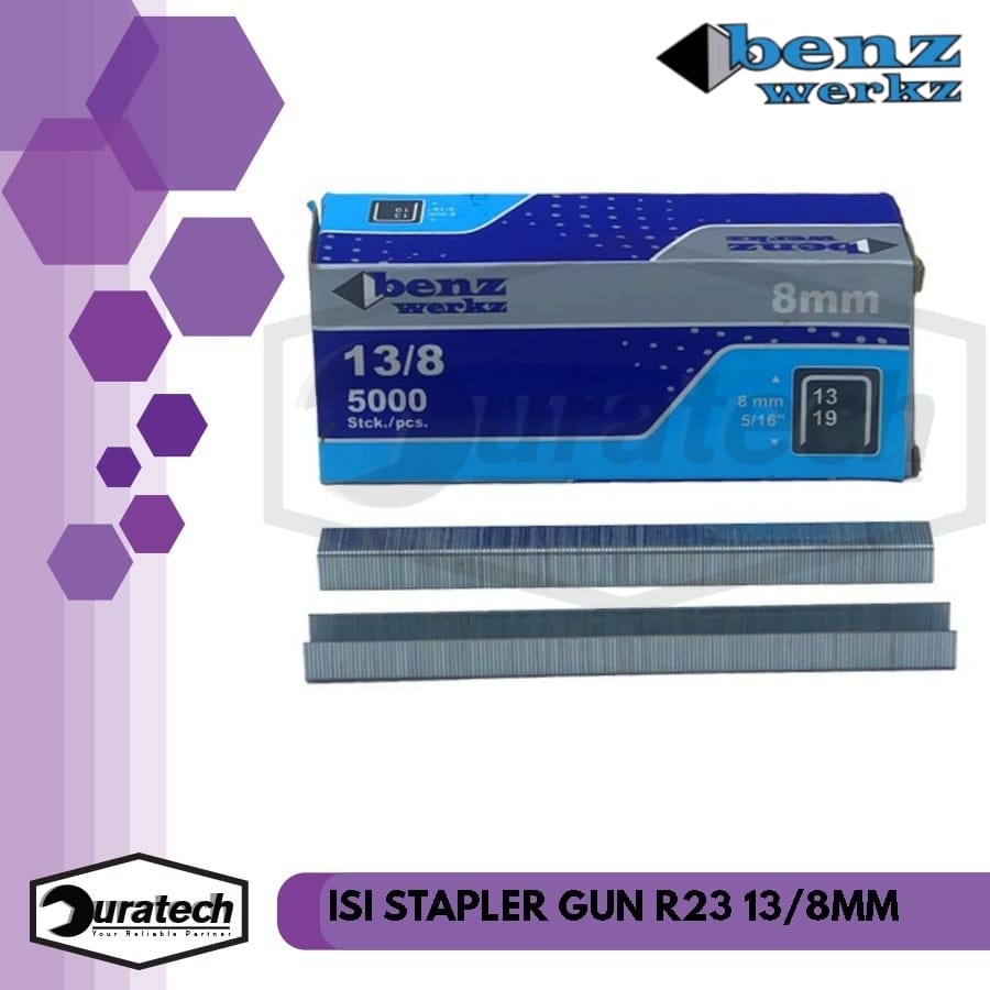 Isi Staples 13/8 (8mm) tembakan tangan R23 / isi Gun tacker R23 Benz Werkz dan Kodenki isi staples 13/8 mm stapler gun R23 manual tembakan gun tacker isi 5000 pcs Mata paku tembak gun taker R23 8mm job motor sofa bingkai kayu furniture