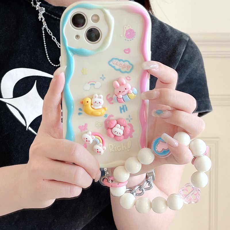 3D Mike White Hand Made Diy Candy Pink Rainbow Rabbit Soft Case iPhone 11 12 13 14 Pro Max New Puff Casing Apple for women girls Gift