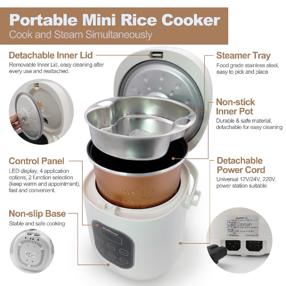 MIDIMOUSE Rice Cooker 2 in 1 Car home Use - Rice Cooker Portable 2L