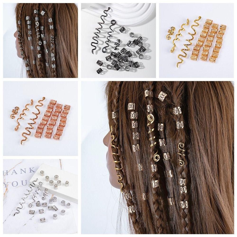 Needway 28pcs /set Klip Cincin Rambut DIY Curve Silver Viking Celtic Knot Alloy Golden Kotor Kepang Rambut Gesper Untuk Wanita