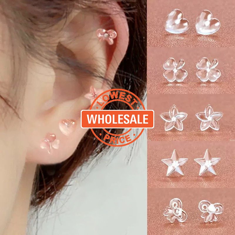 [Harga Grosir] 1pasang Anting Resin Bening Tak Terlihat/Desinfeksi Cinta Hati Telinga Tongkat/Plastik Lembut Mini Ear Studs/Bunga Bintang Ikatan Simpul Anting/Wanita Perempuan Telinga Pin