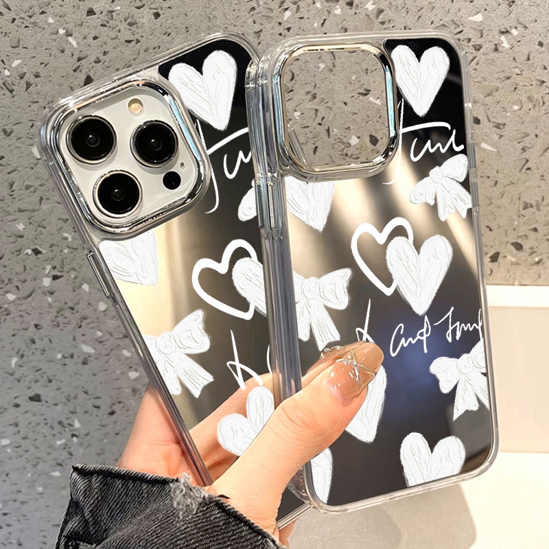 IPHONE Heart Bow Tie Graffiti Mirror Phone Case Kompatibel Untuk Iphone11 12 13 14 12Pro 13Pro 14Pro Pro Max XR X XS Max Electroplating Tombol Perlindungan Mirror Cover