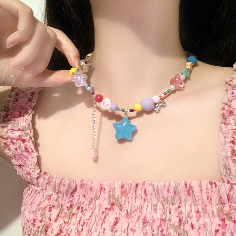 Manis Keren Gadis Panas Bintang Biru Menjuntai Manik-Manik Kalung Klavikula Rantai Choker Perhiasan