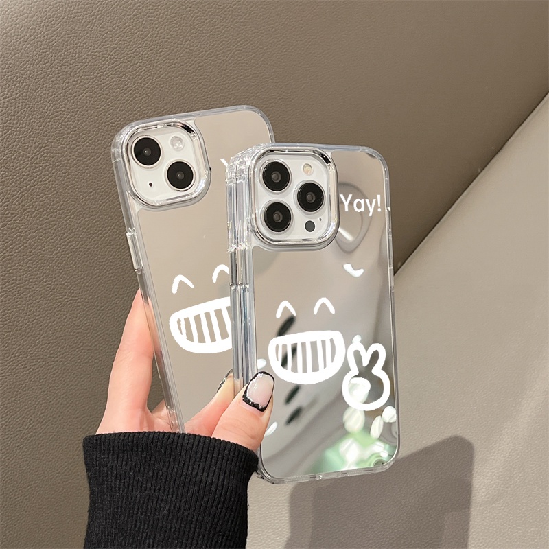 IPHONE Kartun Yay Emoji Mirror Phone Case Kompatibel Untuk Iphone11 12 13 14 12Pro 13Pro 14Pro Pro Max XR X XS Max Electroplating Tombol Perlindungan Mirror Cover