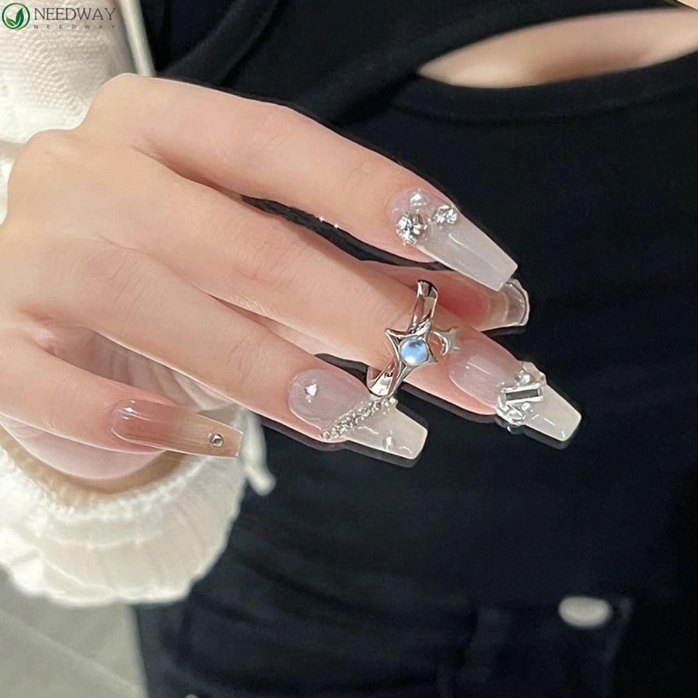 Needway Wanita Open Ring French Geometric Untuk Gadis Bintang Retro Temperamen Moonstone Gaya Korea Ring