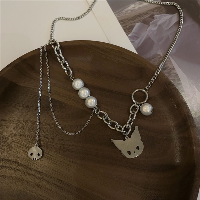 Kuromi Kalung Mutiara Reflektif Multi-Layer Gaya Baru Trendi Perempuan Desain Unik Merasa Utuh