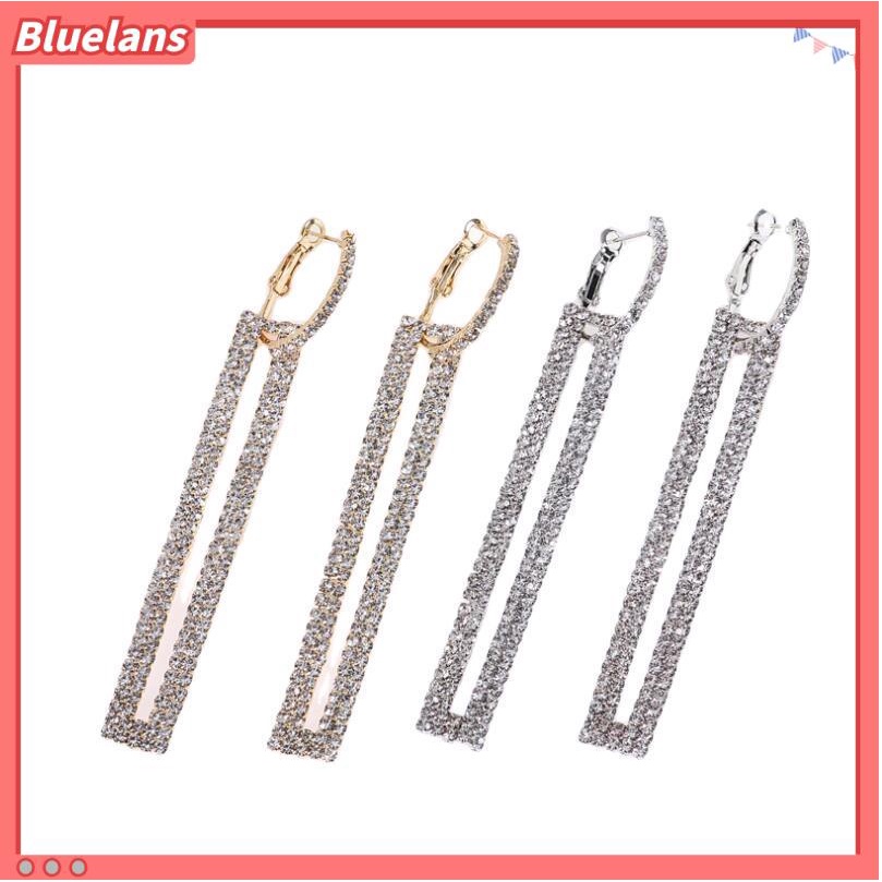 [BLS] Anting Persegi Panjang Geometris Berongga Kristal Korea Panjang Bertatahkan Berlian