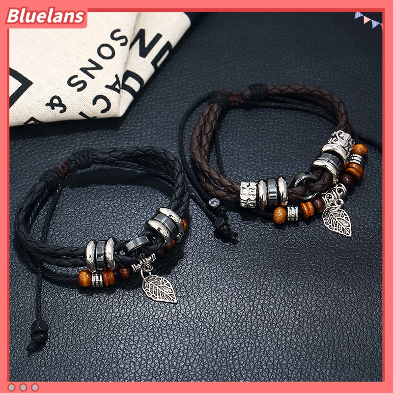 [BLS] Kepribadian Fashion Kreatif multi-layer Anyaman Daun Liontin Pria Gelang Kulit