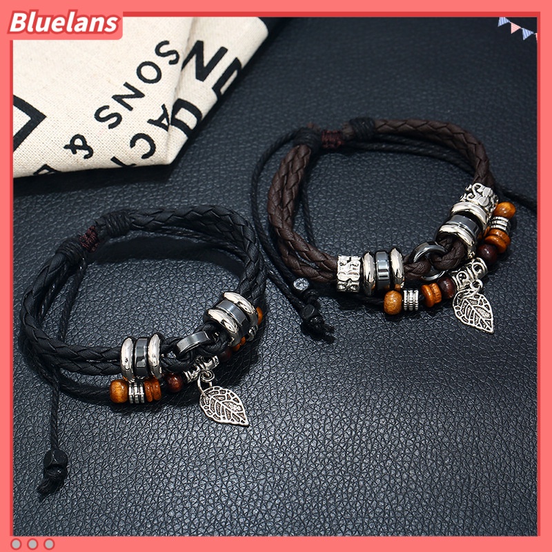 [BLS] Kepribadian Fashion Kreatif multi-layer Anyaman Daun Liontin Pria Gelang Kulit