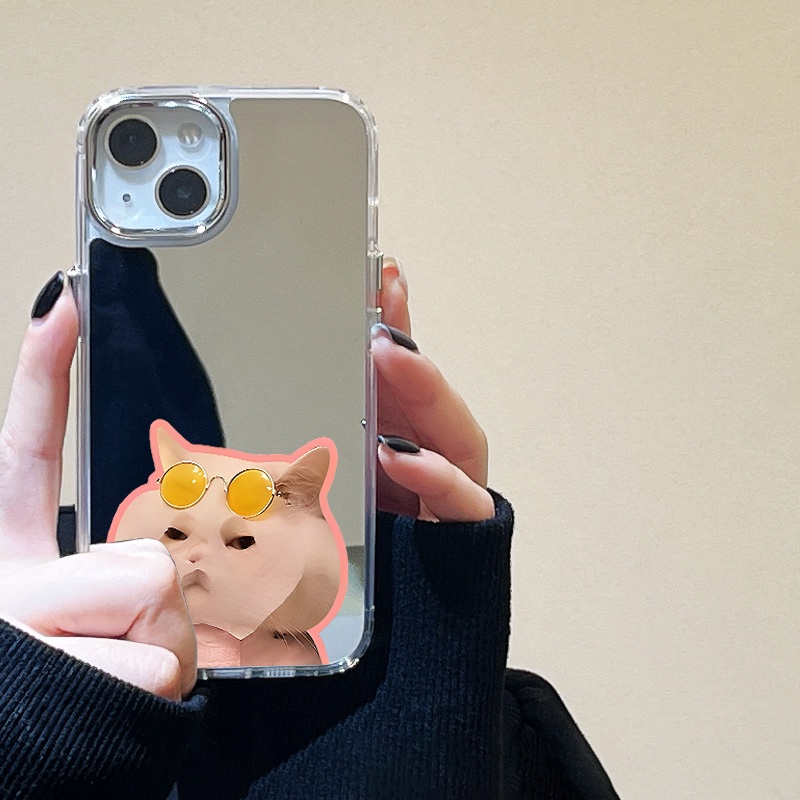 IPHONE Lucu Masker Cat Mirror Phone Case Kompatibel Untuk Iphone11 12 13 14 12Pro 13Pro 14Pro Pro Max XR X XS Max Electroplating Tombol Perlindungan Mirror Cover