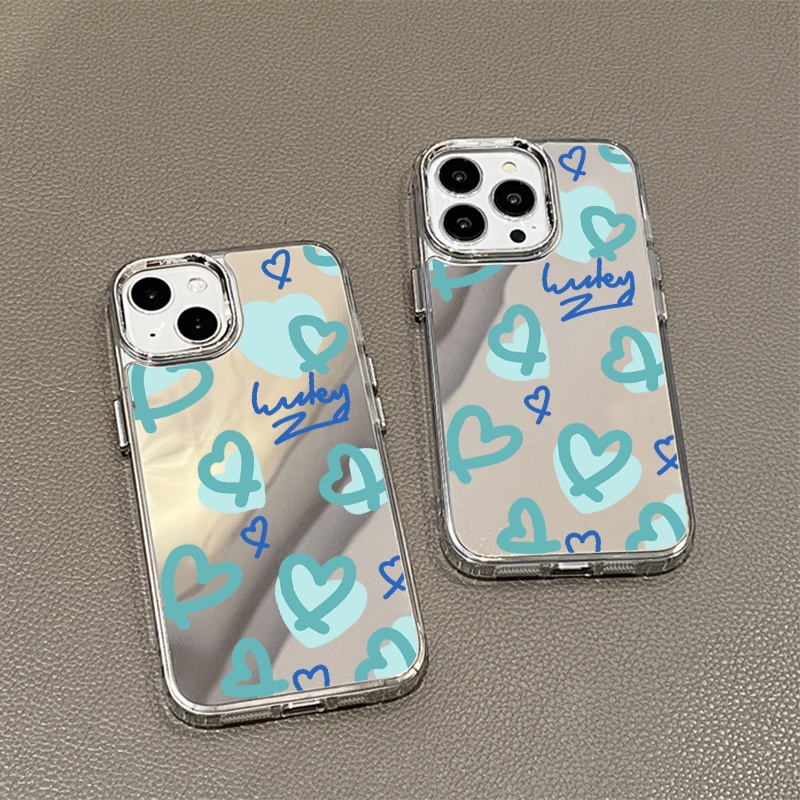 IPHONE Casing Ponsel Cermin Hati Hijau Mint Kompatibel Untuk Iphone11 12 13 14 12Pro 13Pro 14Pro Pro Max XR X XS Max Electroplating Tombol Perlindungan Mirror Cover