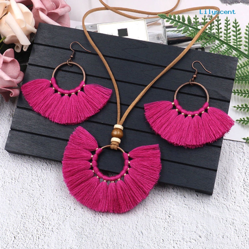 [LS]Bohemian Wanita Bulat Liontin Fringe Rumbai Tali Kalung Anting Set Perhiasan