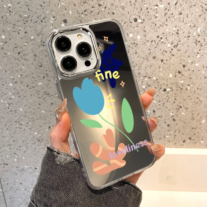 IPHONE Casing Ponsel Cermin Graffiti Bunga Kompatibel Untuk Iphone11 12 13 14 12Pro 13Pro 14Pro Pro Max XR X XS Max Electroplating Tombol Perlindungan Mirror Cover