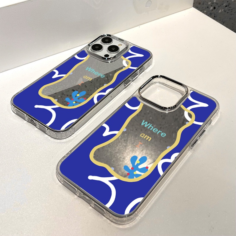 IPHONE Casing Ponsel Cermin Lukisan Biru Terang Kompatibel Untuk Iphone11 12 13 14 12Pro 13Pro 14Pro Pro Max XR X XS Max Electroplating Tombol Perlindungan Mirror Cover