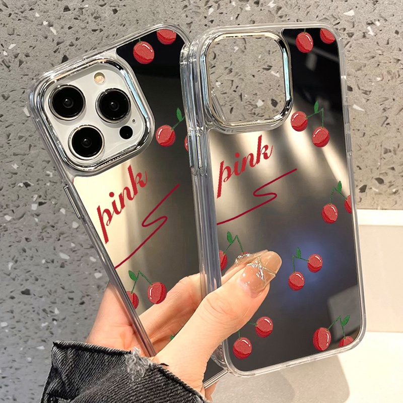 IPHONE Cherry Mirror Phone Case Kompatibel Untuk Iphone11 12 13 14 12Pro 13Pro 14Pro Pro Max XR X XS Max Electroplating Tombol Perlindungan Mirror Cover