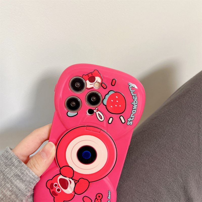 【Bow Mirror】So Cute Pink Lotso Strawberry Bear Silicone SoftCase IPhone 11 12 13 14 Pro Max Women's Fashion Gift Phone Case Brand Gift Pink Makeup