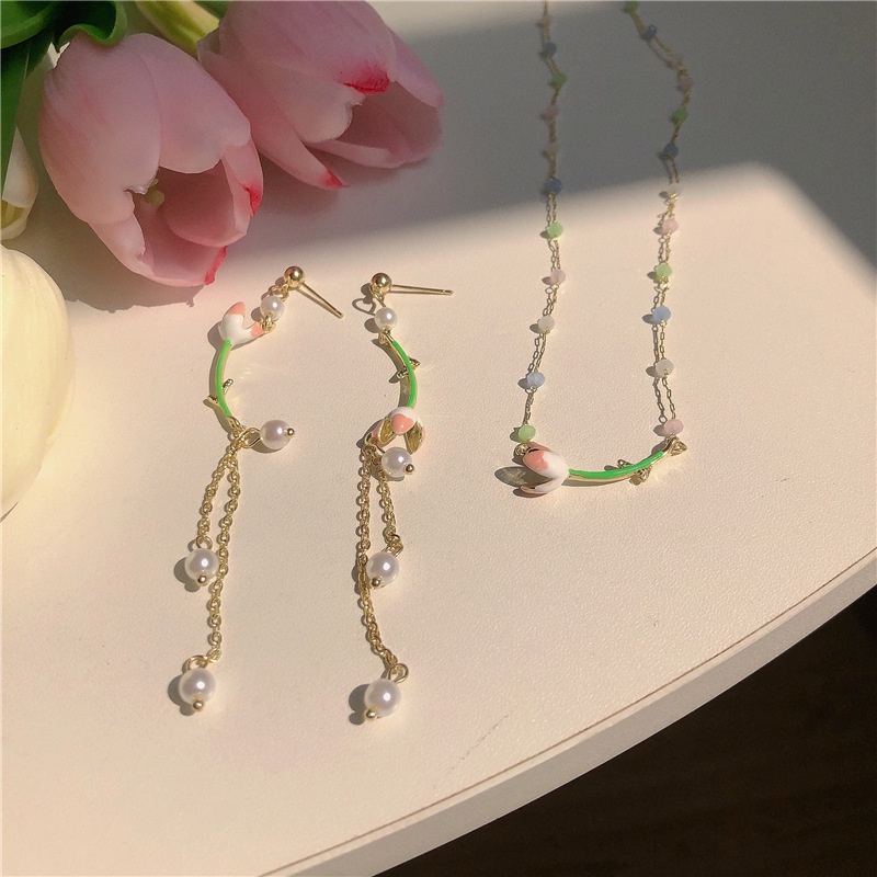 Desain Unik Manik-Manik Kristal Warna-Warni Mutiara Dicat Tulip Kalung Bunga Mutiara Rumbai Anting Kalung Trendi