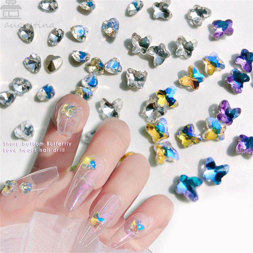 AUGUSTINA Agustina Butterfly Nail Rhinestones Glitter 10 Pcs Membuat Perhiasan Manikur Aksesoris Kaca Permata Kuku Charms